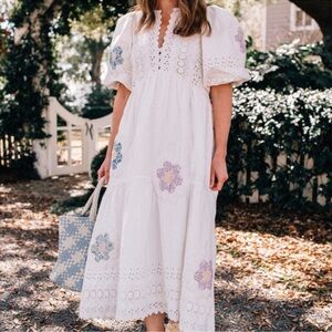 Sea New York White Midi Dress with Pastel Floral Embroidery